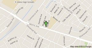 Map showing Morris Ave and nearby streets in Union, NJ, with a green marker pinpointing a location.