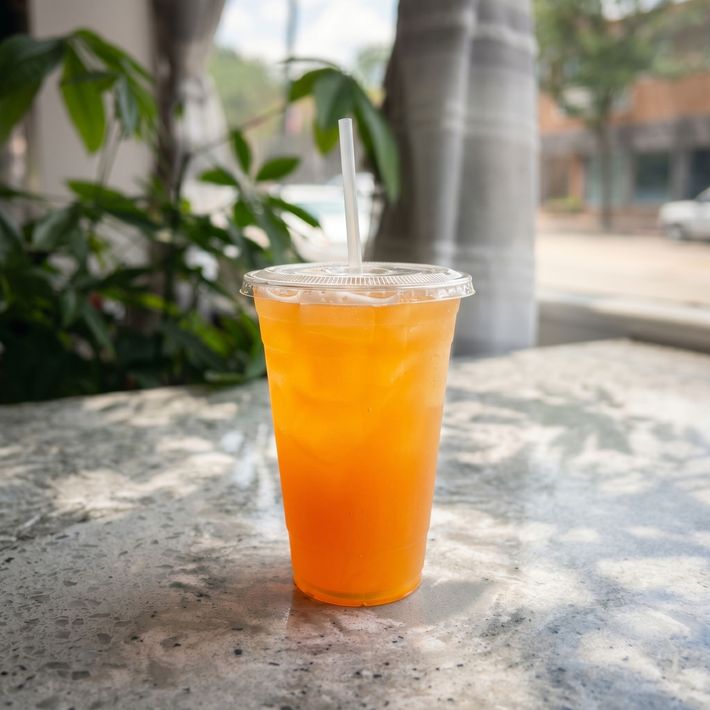 Orange iced drink in a clear plastic cup with a straw on an outdoor table.