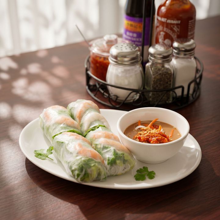 Fresh spring rolls on a white plate with dipping sauce, on a table with condiments in the background