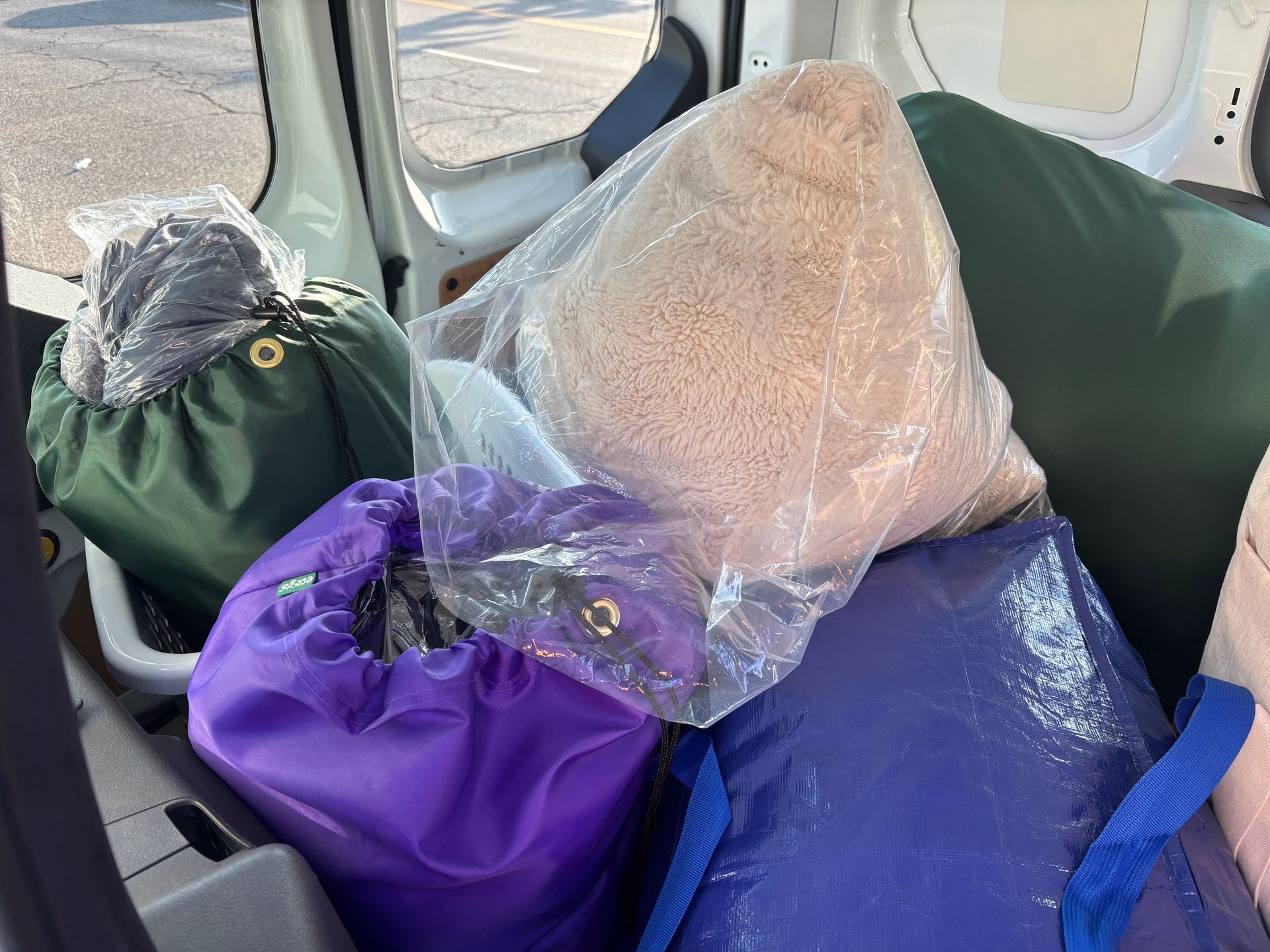 Interior of a white van with a blue bag on wooden planks, a metal cage and door open.