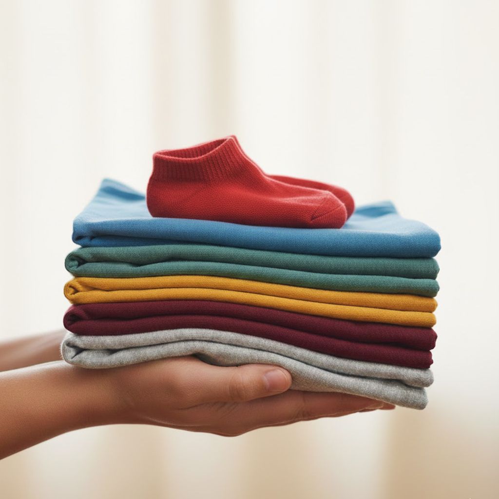 Folded T-shirts and Red Sock
