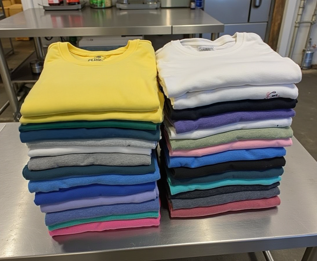 Stacks of folded colorful shirts on a stainless steel table.