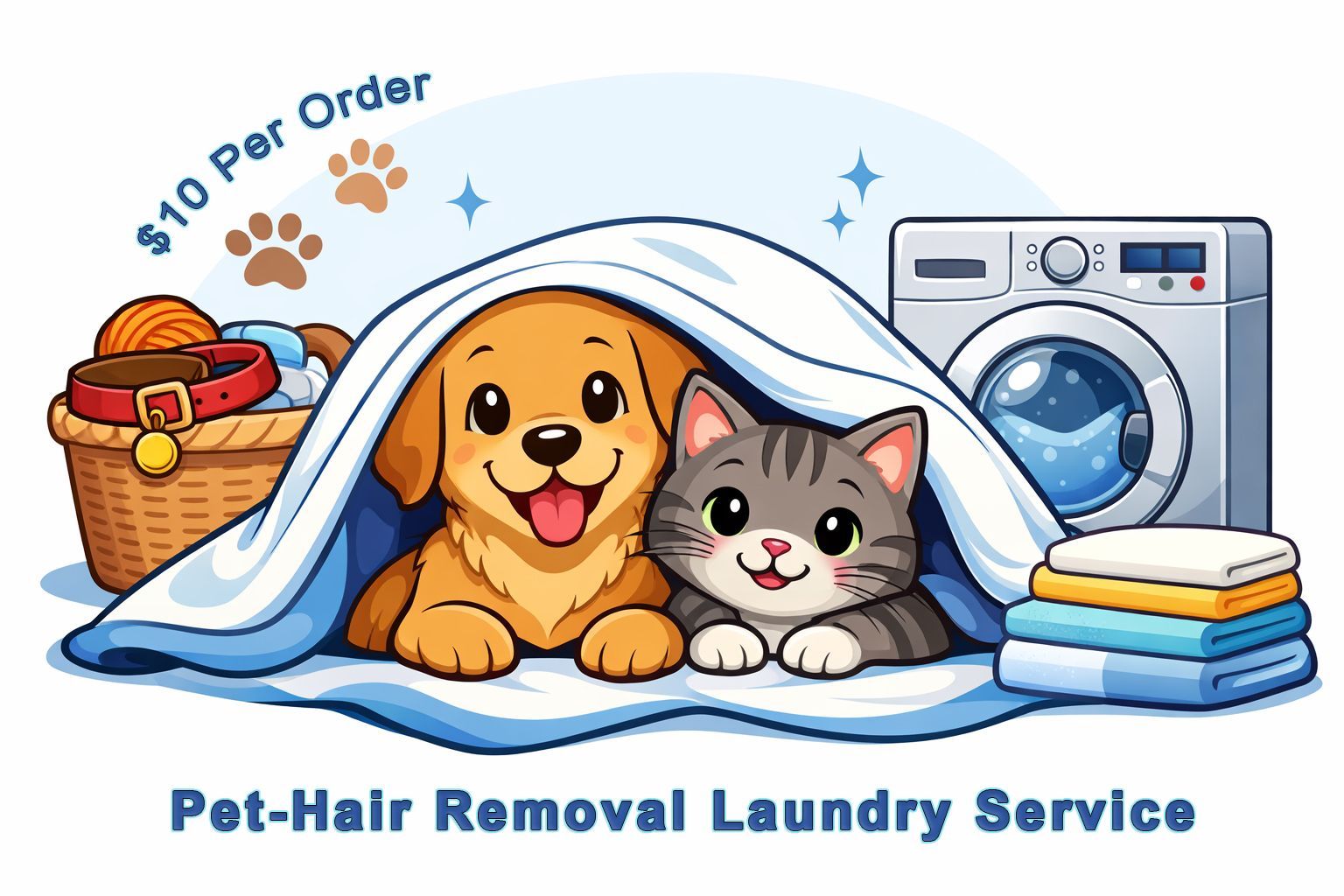 Dog and cat under a blanket, next to laundry basket, washing machine, and clean laundry; Pet-Hair Removal Laundry Service.
