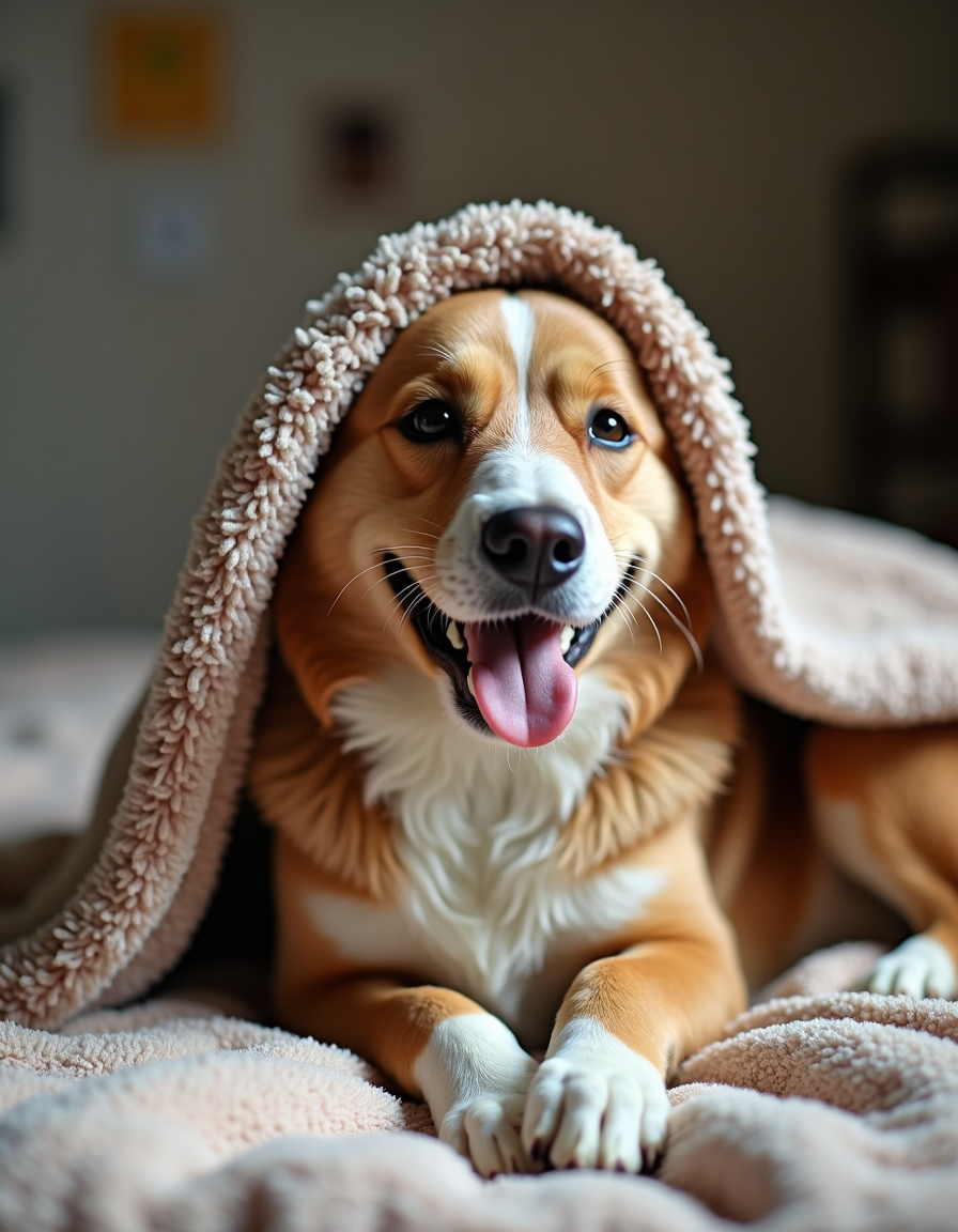 A beagle puppy, covered in a red blanket, peers forward with a sad expression while laying on a carpet.