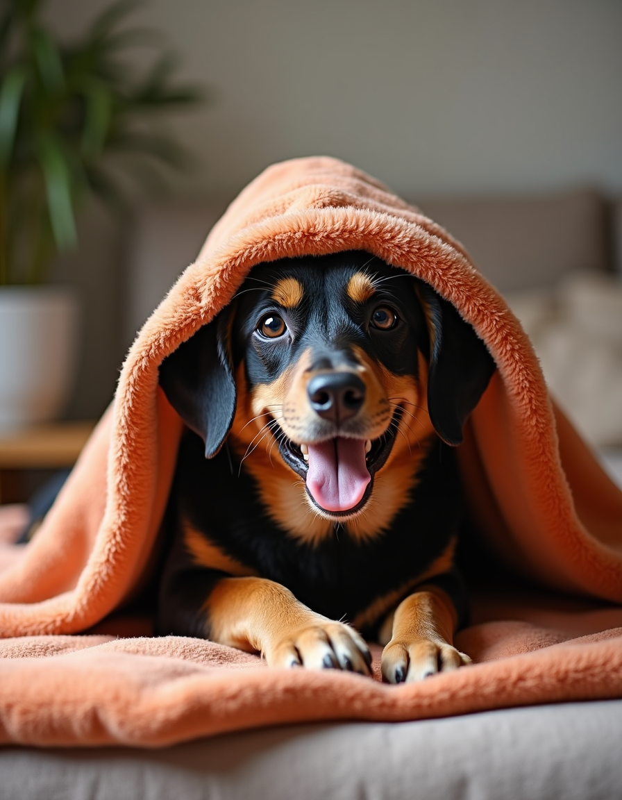 Dog with black and tan fur, smiling under an orange blanket indoors.
