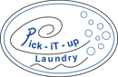 Logo for Pick-it-up Laundry. Blue text and design elements within a blue and black oval. Includes bubbles and a wavy line.