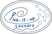 Logo for Pick-it-up Laundry. Blue text and design elements within a blue and black oval. Includes bubbles and a wavy line.