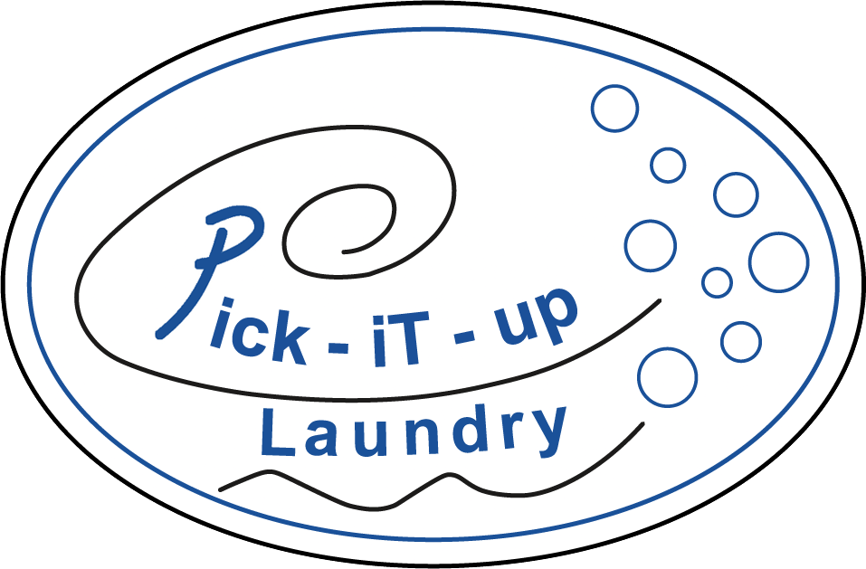 Logo for Pick-it-up Laundry. Blue text and design elements within a blue and black oval. Includes bubbles and a wavy line.
