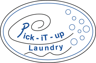 Logo for Pick-iT-up Laundry. It features a blue oval with the company name in blue cursive, a swirl design, and bubbles.