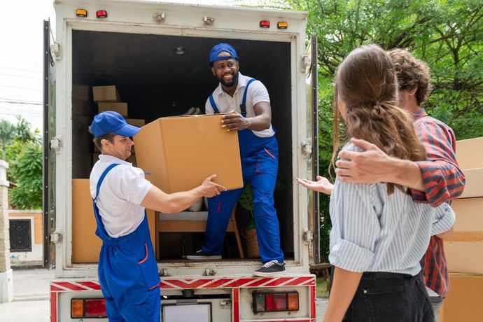 Movers loading a large cardboard box into a truck, while a couple watches from the side.