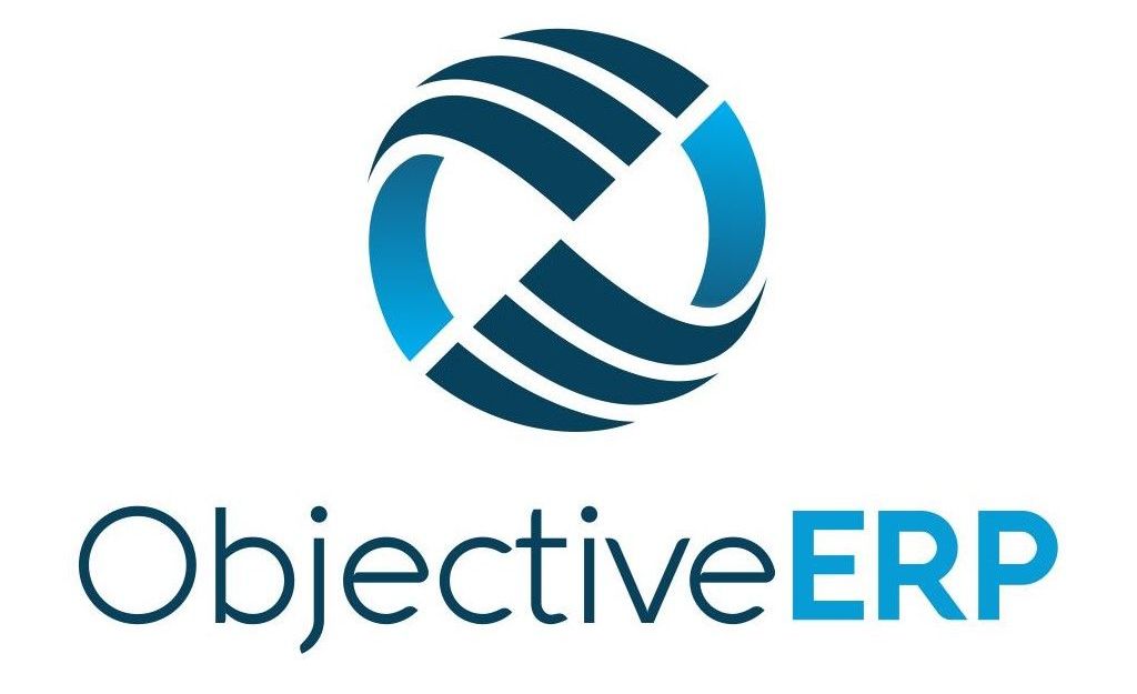 The logo for objective erp is a blue ball with a circle in the middle.