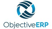 A blue and white logo for objective erp