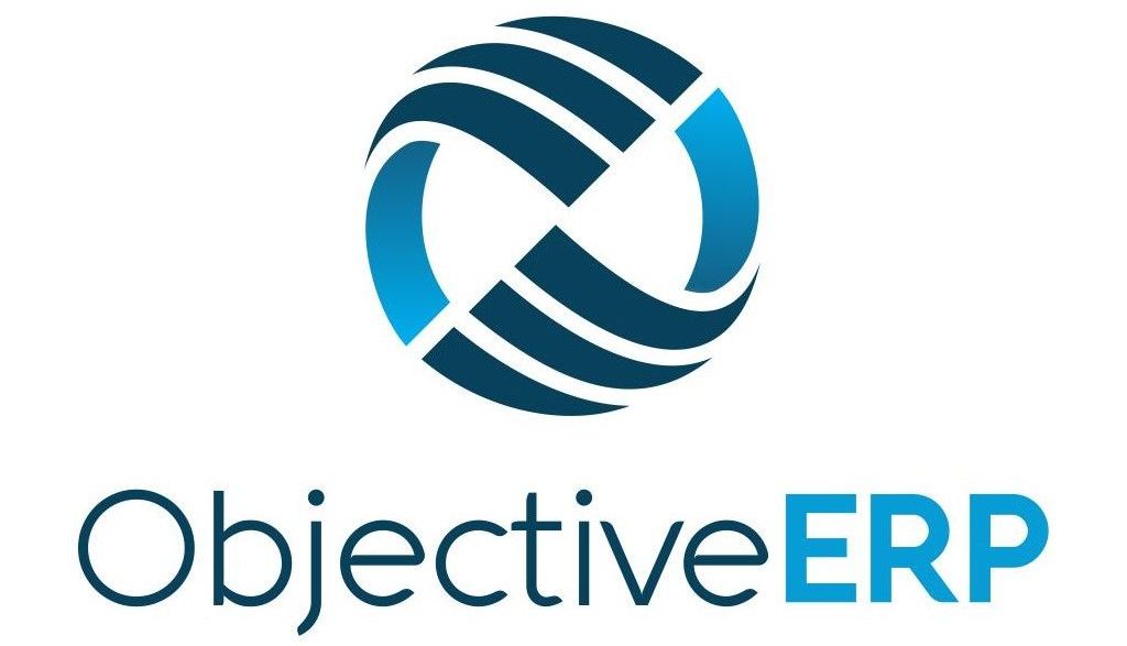 A blue and white logo for objective erp