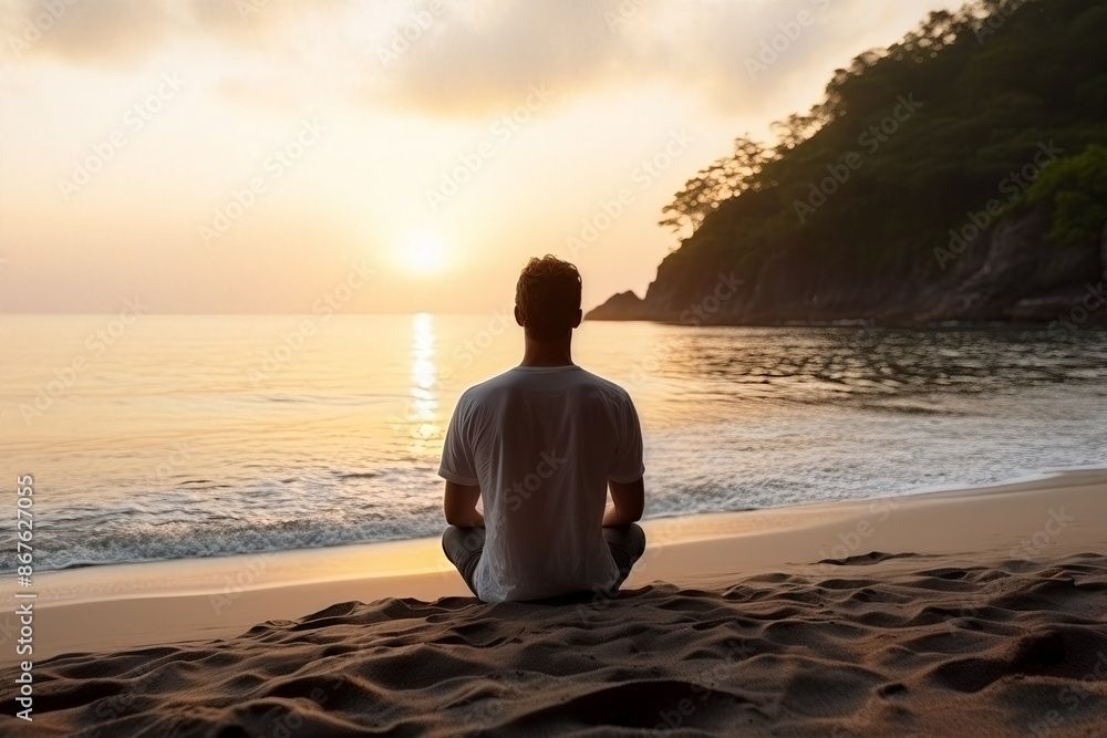 Persoon mediteert op strand