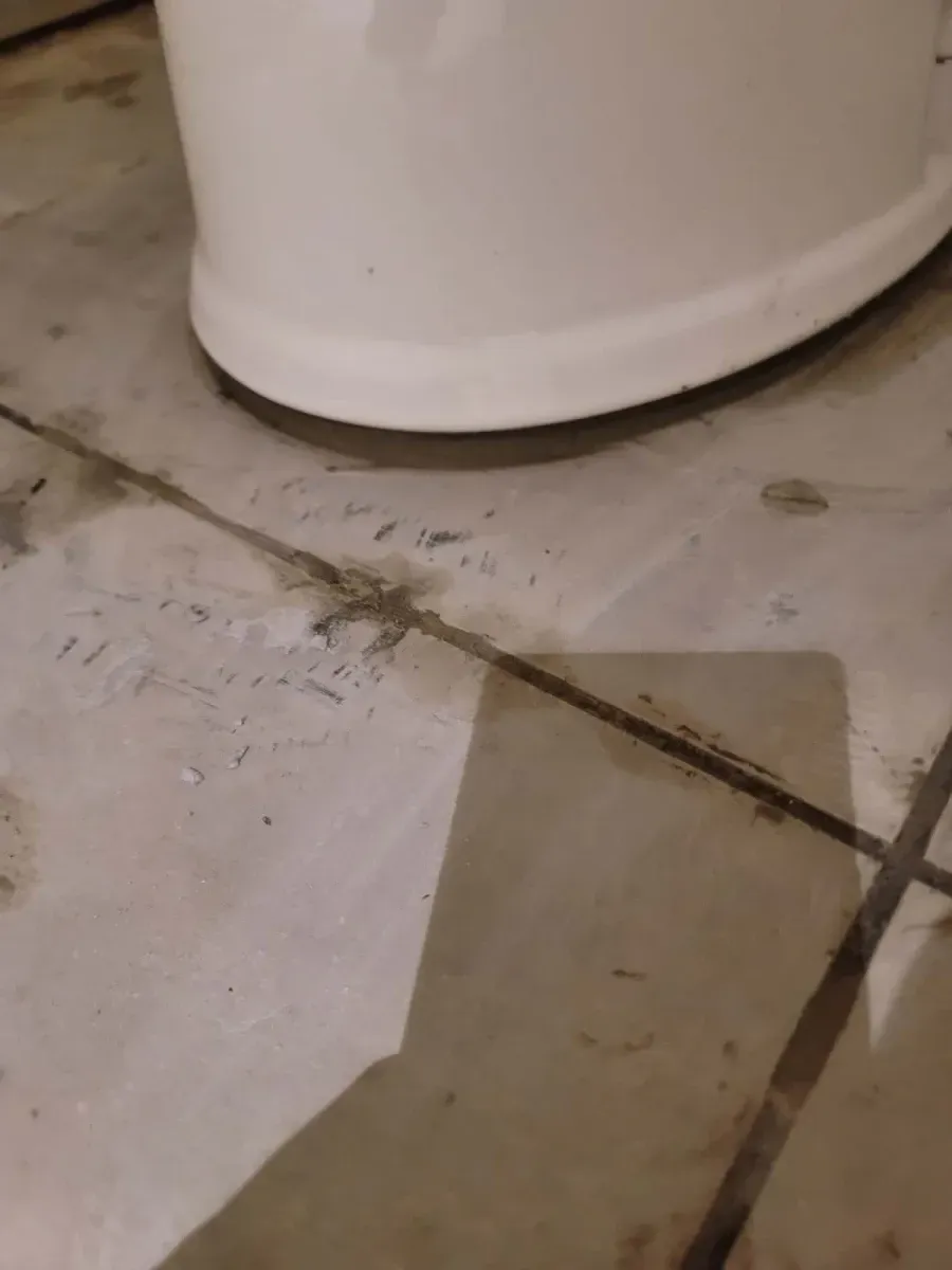 Toilet base on dirty, tiled floor with dark grout.