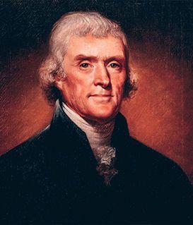 A formal oil portrait of Thomas Jefferson wearing a dark coat and high white collar against a warm, reddish background.
