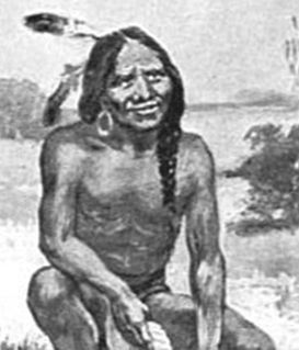 Black-and-white illustration of a person with long braided hair and a feather, kneeling in an outdoor setting.