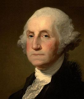 Oil portrait of George Washington, shown from the chest up, wearing a dark coat, white stock, and powdered wig.