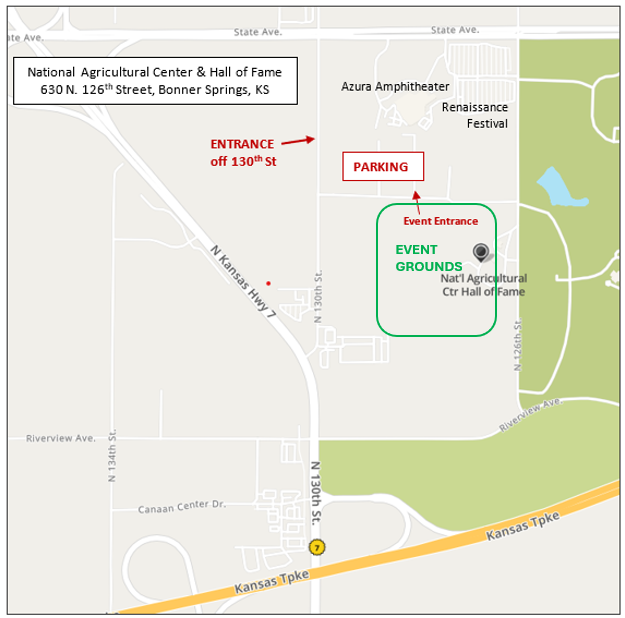 Map for National Agricultural Center & Hall of Fame in Bonner Springs, KS, showing entrance and parking directions.