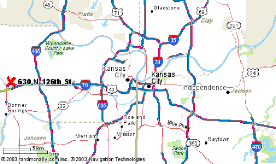 A map showing the location of 630 N 126th St, marked with a red X west of Kansas City near Interstate 70.