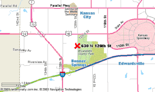 Map showing the location of 630 N 126th St near Wyandotte County Park, Bonner Springs, and Kansas Speedway in Kansas.