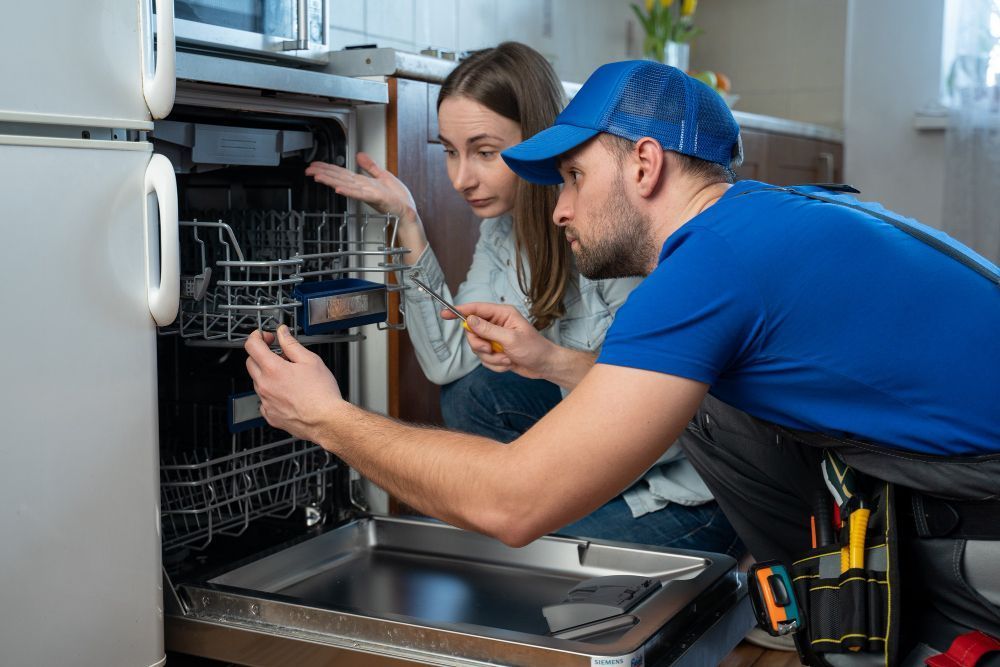 a man and a woman are fixing a dishwasher in a kitchen
