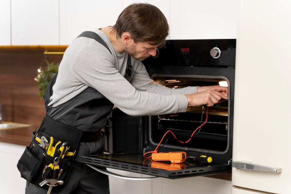 A Man Is Fixing An Oven In A Kitchen