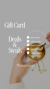 Gift card deals: $50 for $35, $100 for $75, $150 for $100, $200 for $160, $300 for $200. Hand with flower touches gold bowl.