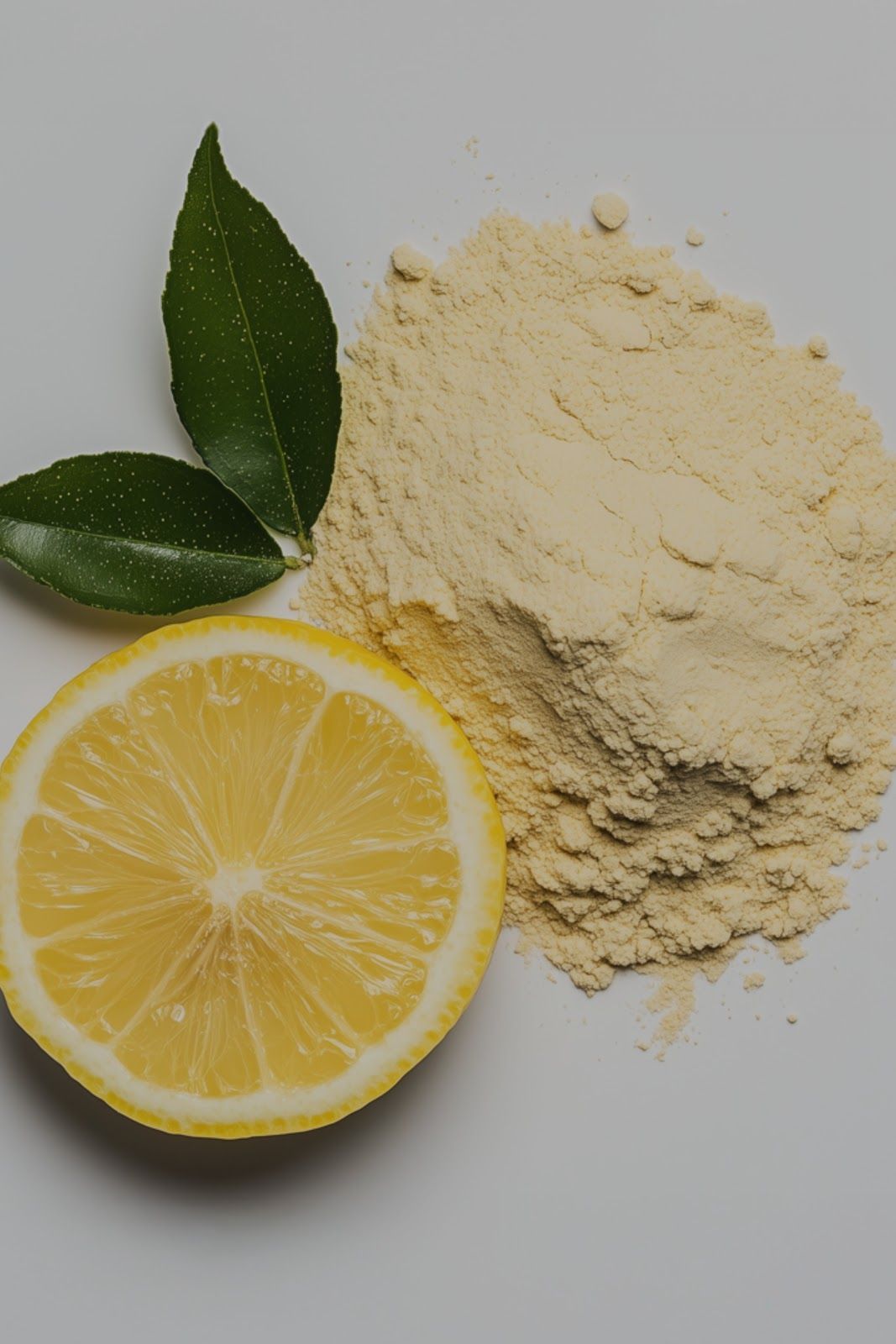 Half a lemon, green leaves, and a pile of light-colored powder on a white surface.