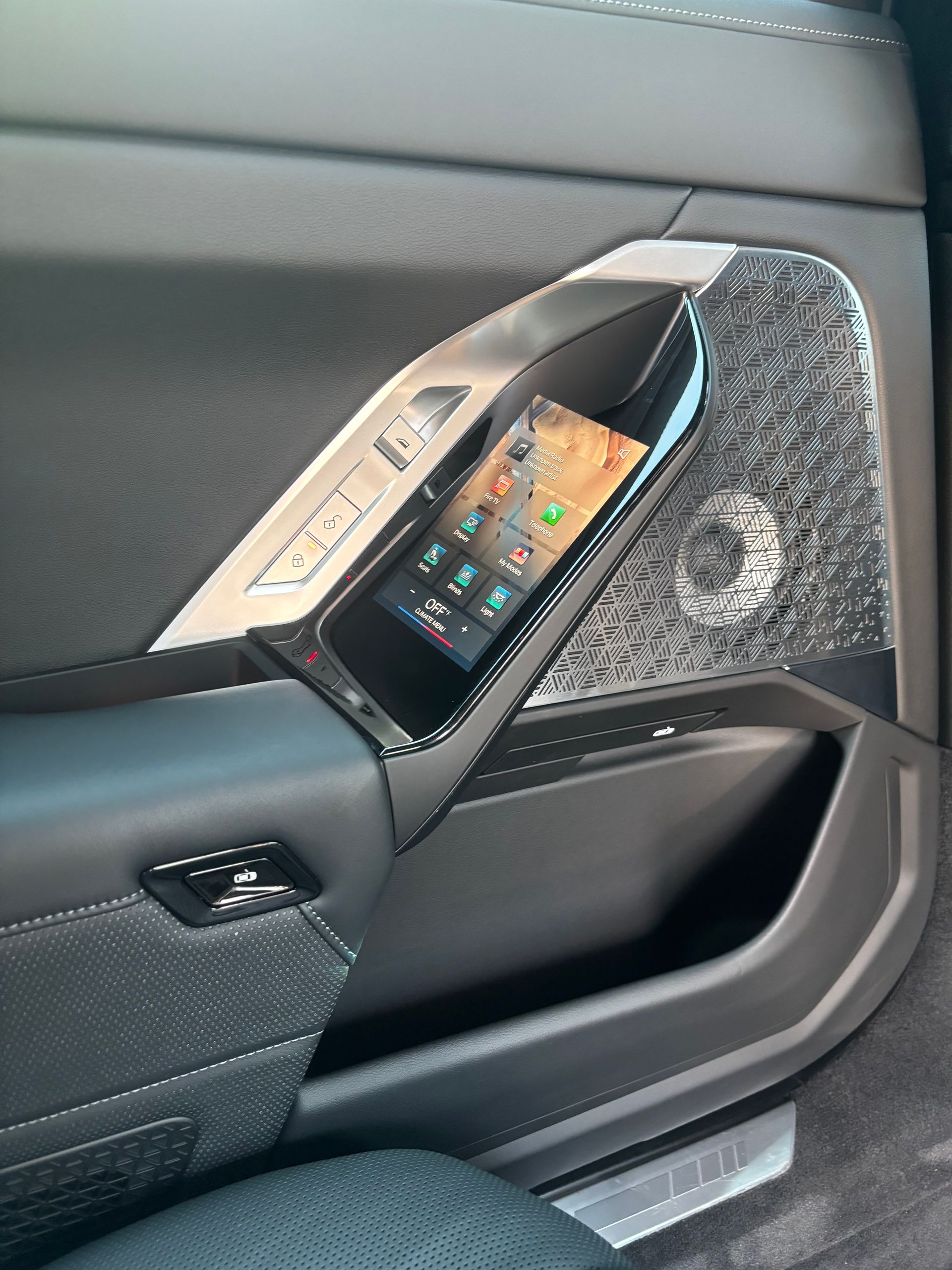 Detailed door panel and controls cleaned and polished during premium interior service.