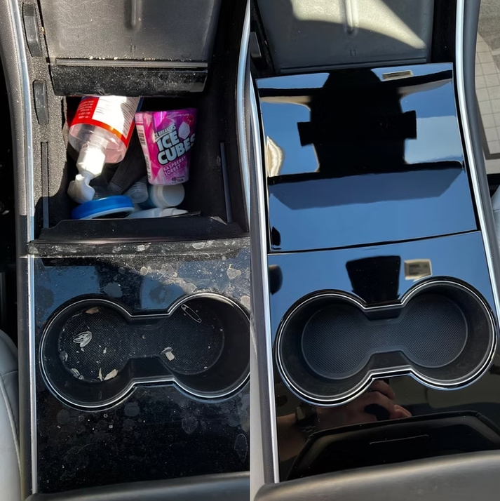 Car center console detailed with high-gloss finish and organized interior cleaning.