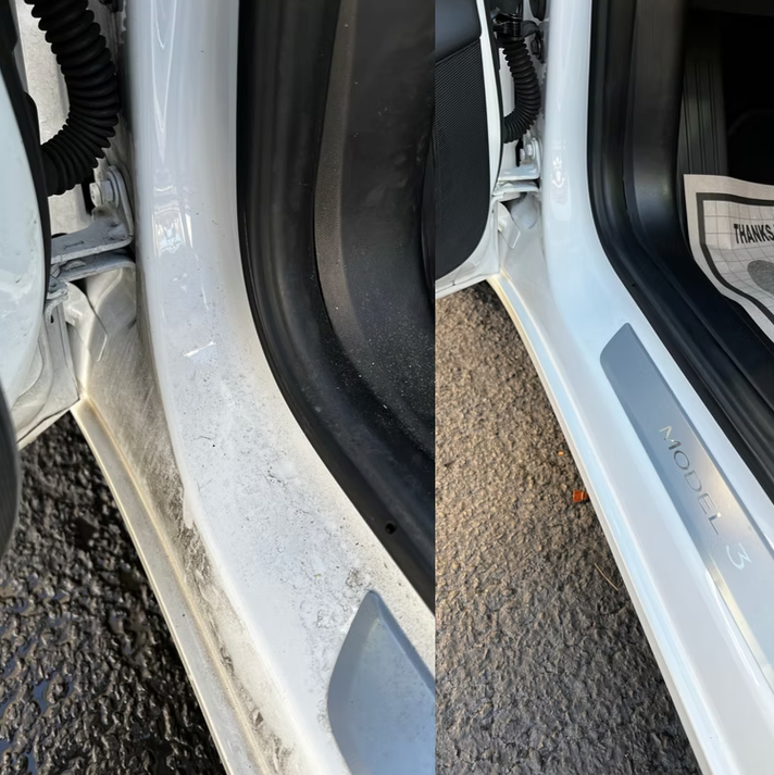 Car door frame before and after interior detailing showing spotless clean results.