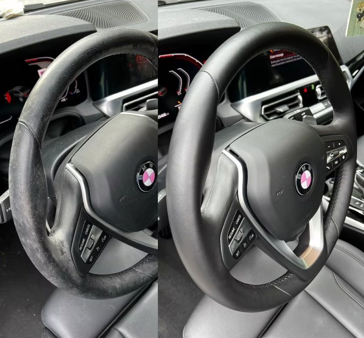 Clean steering wheel and dashboard interior after luxury detailing and sanitizing treatment