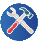 A wrench and hammer are crossed in a blue circle.