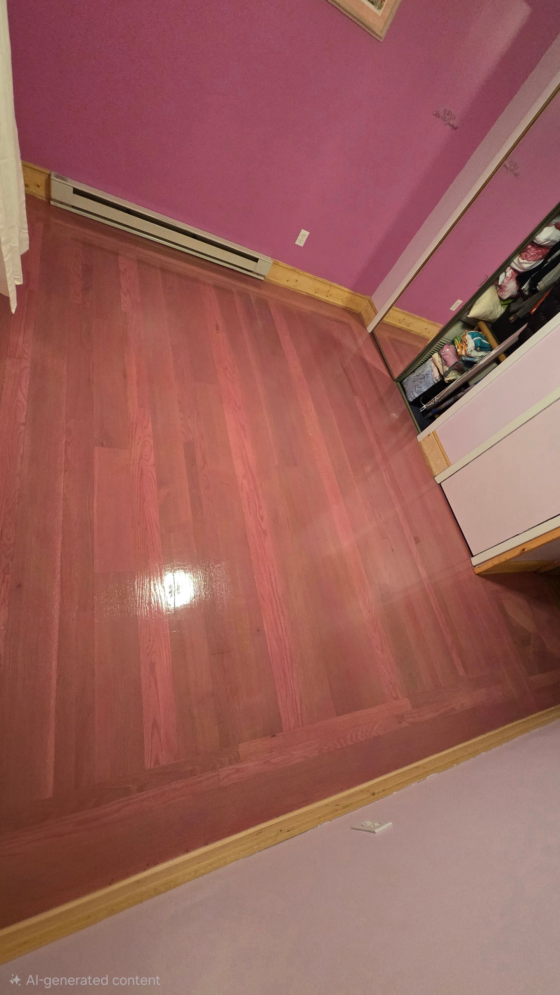 Pink-painted wooden floor in a room with matching ceiling and light pink walls.