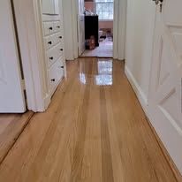 Hardwood hallway with a glossy finish, lit by natural light.
