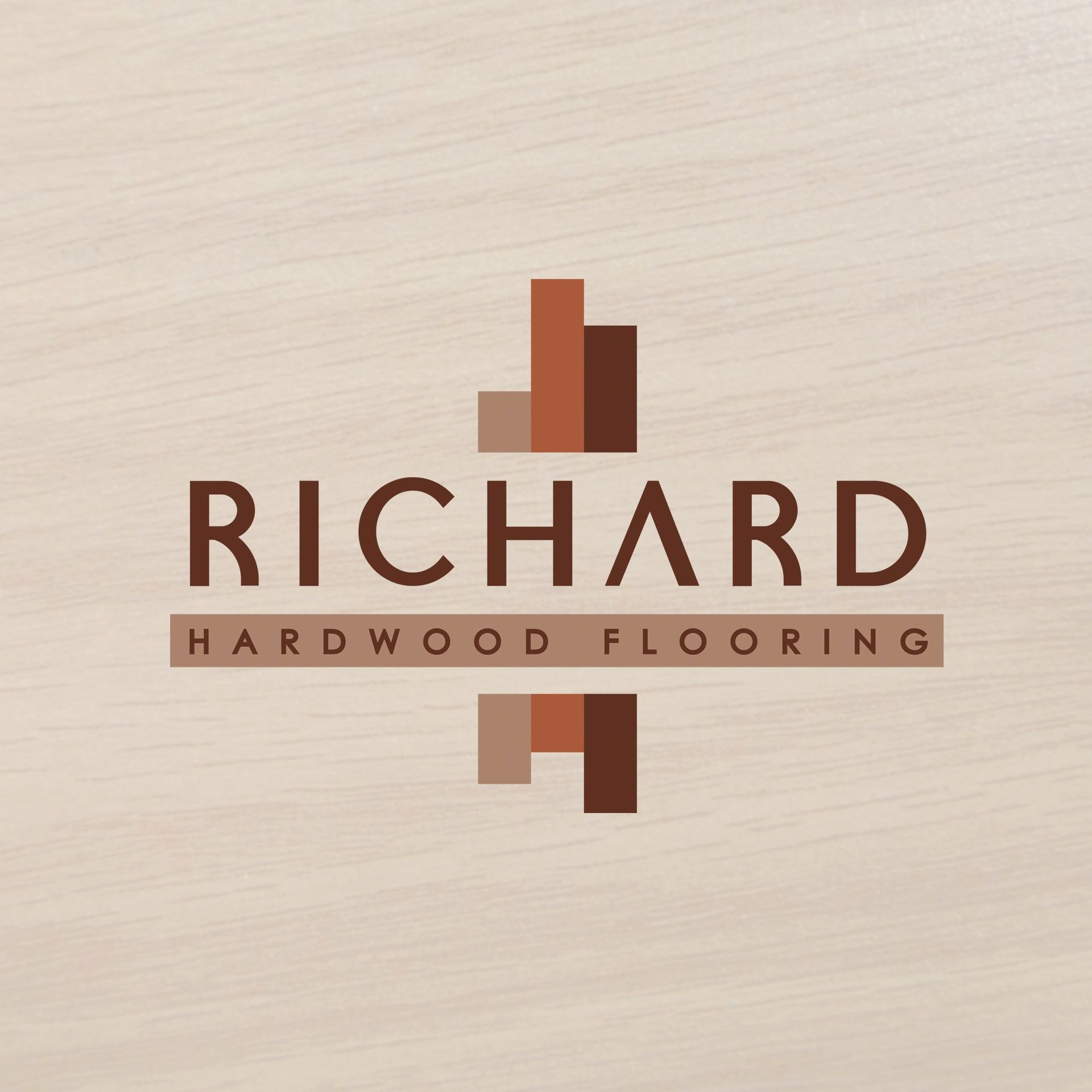 Richard Hardwood Flooring logo with stacked wood-tone blocks above and below text on a wood grain background.