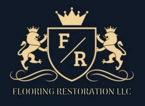 Logo for Flooring Restoration LLC: Gold emblem with crown, lions, and initials "FR" on a navy background.