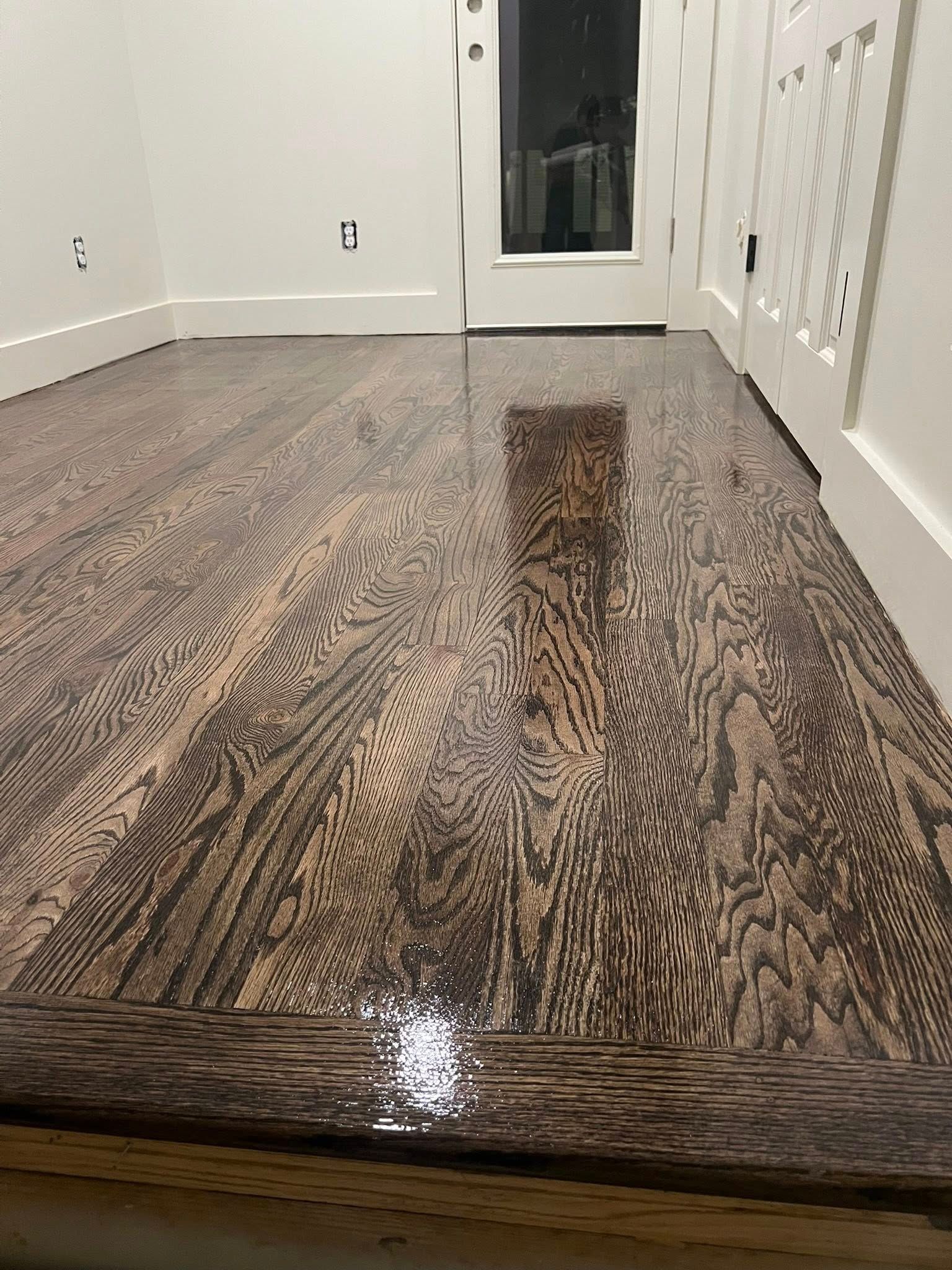 Reflective, dark wood floor with visible grain pattern. The floor is in front of a white door and trim.