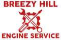 A red and white logo for breezy hill engine service