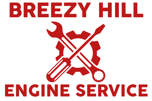A red and white logo for breezy hill engine service