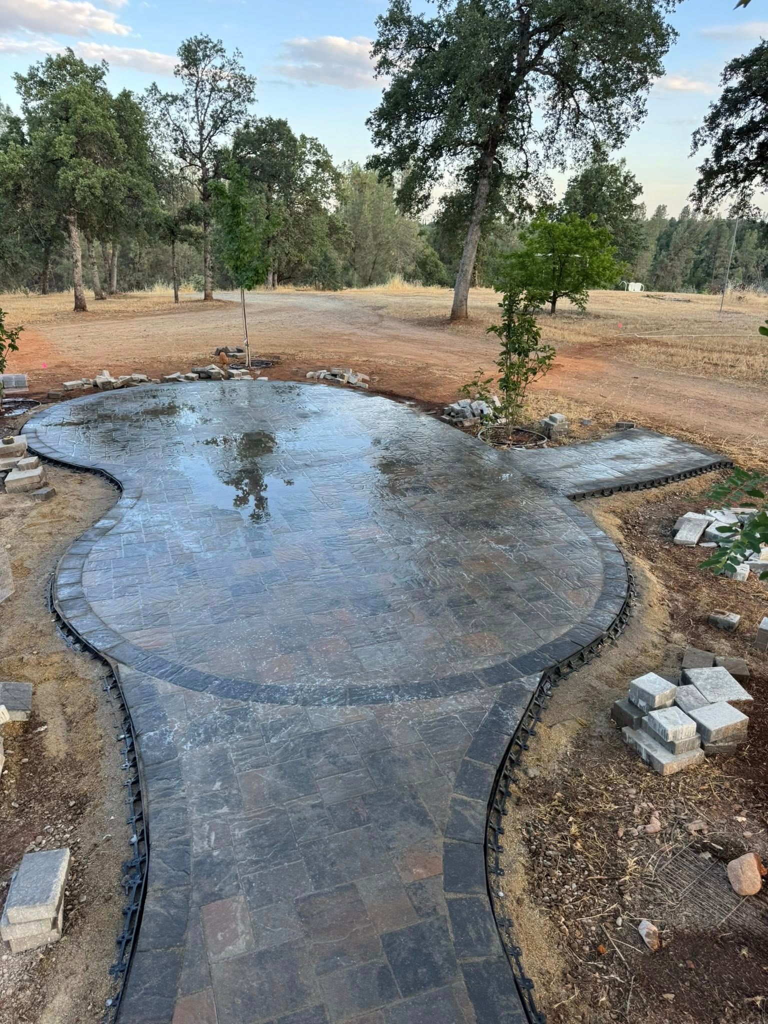 Brick patio under construction, surrounded by dirt and trees, with wet, dark pavers.
