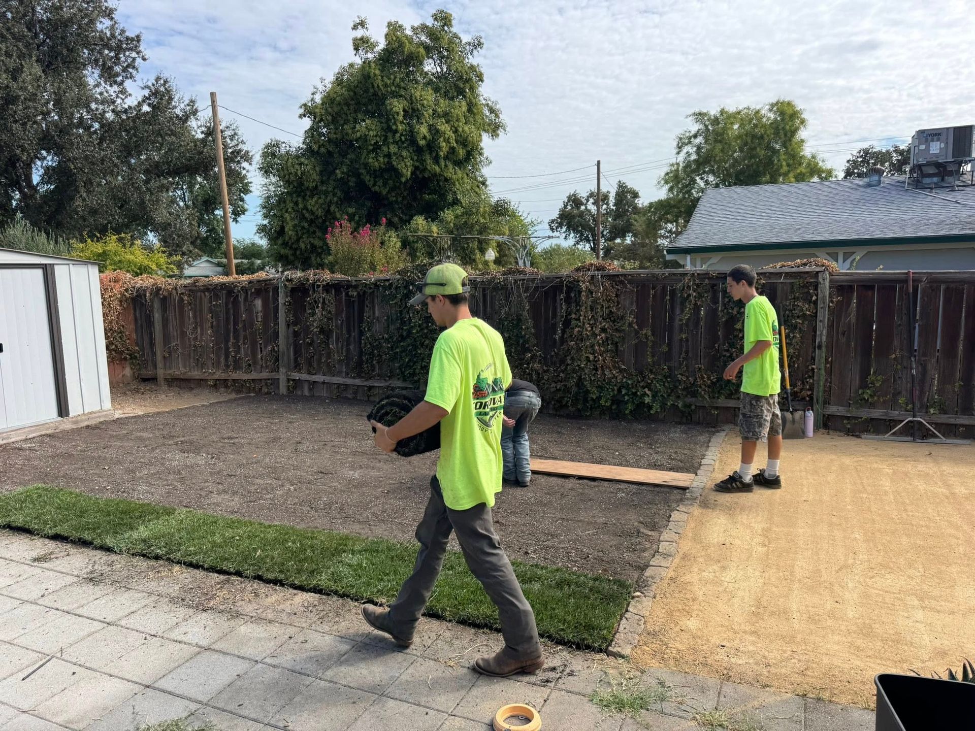 Two workers in neon green shirts install sod in a yard with a wooden fence.