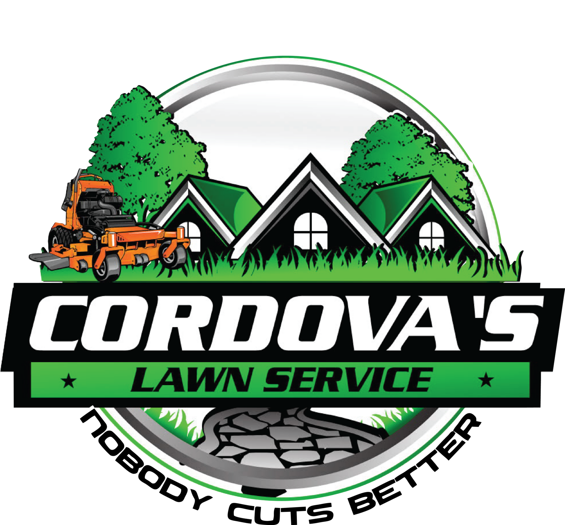 Logo for Cordova's Lawn Service: an orange lawnmower, houses, and text 