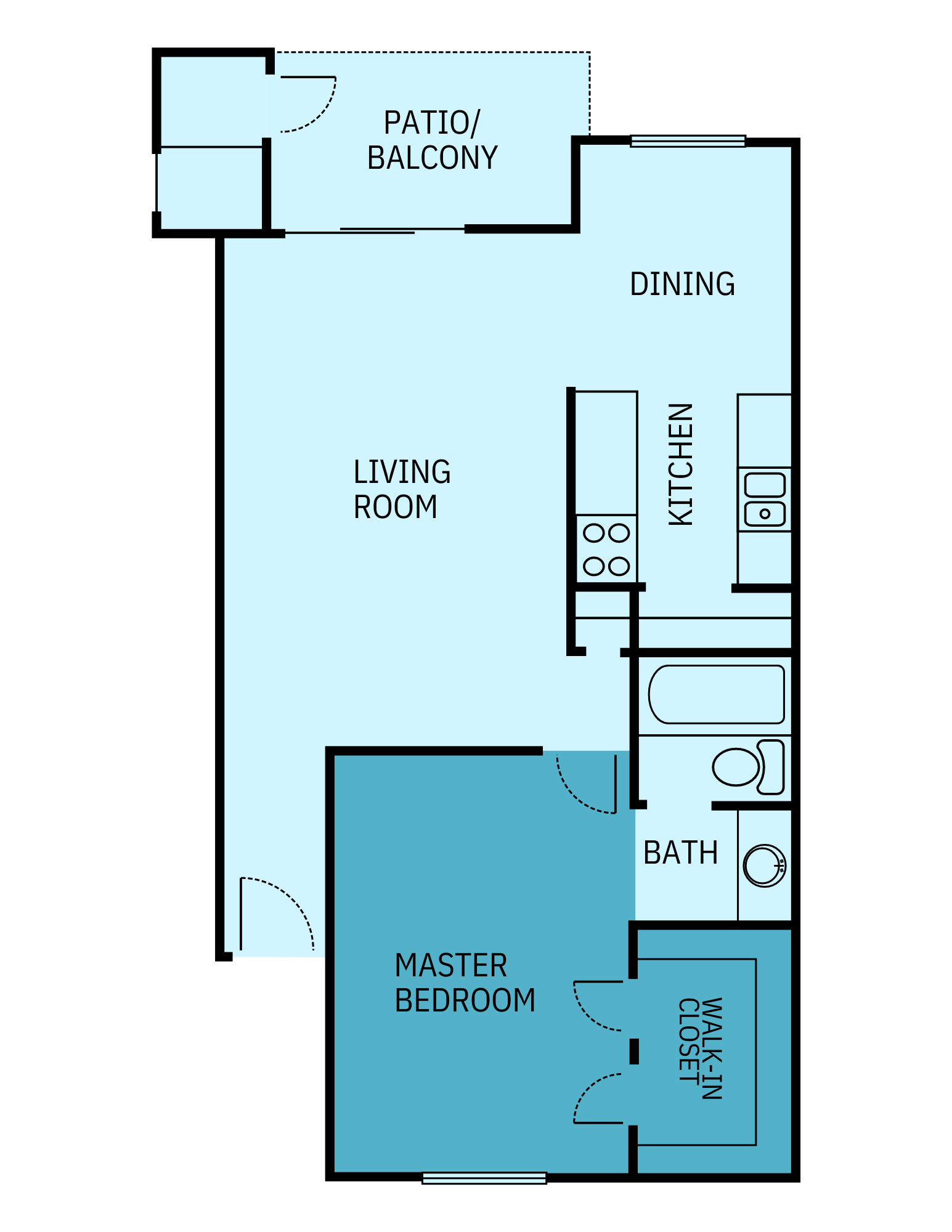 A floor plan of a house with a balcony and a master bedroom.