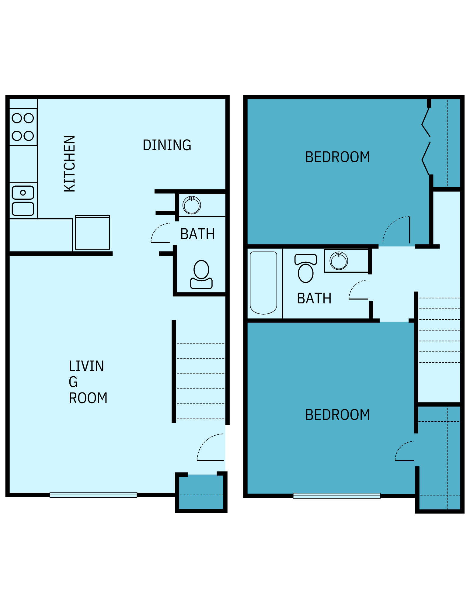 A floor plan of a house showing the living room and bedroom