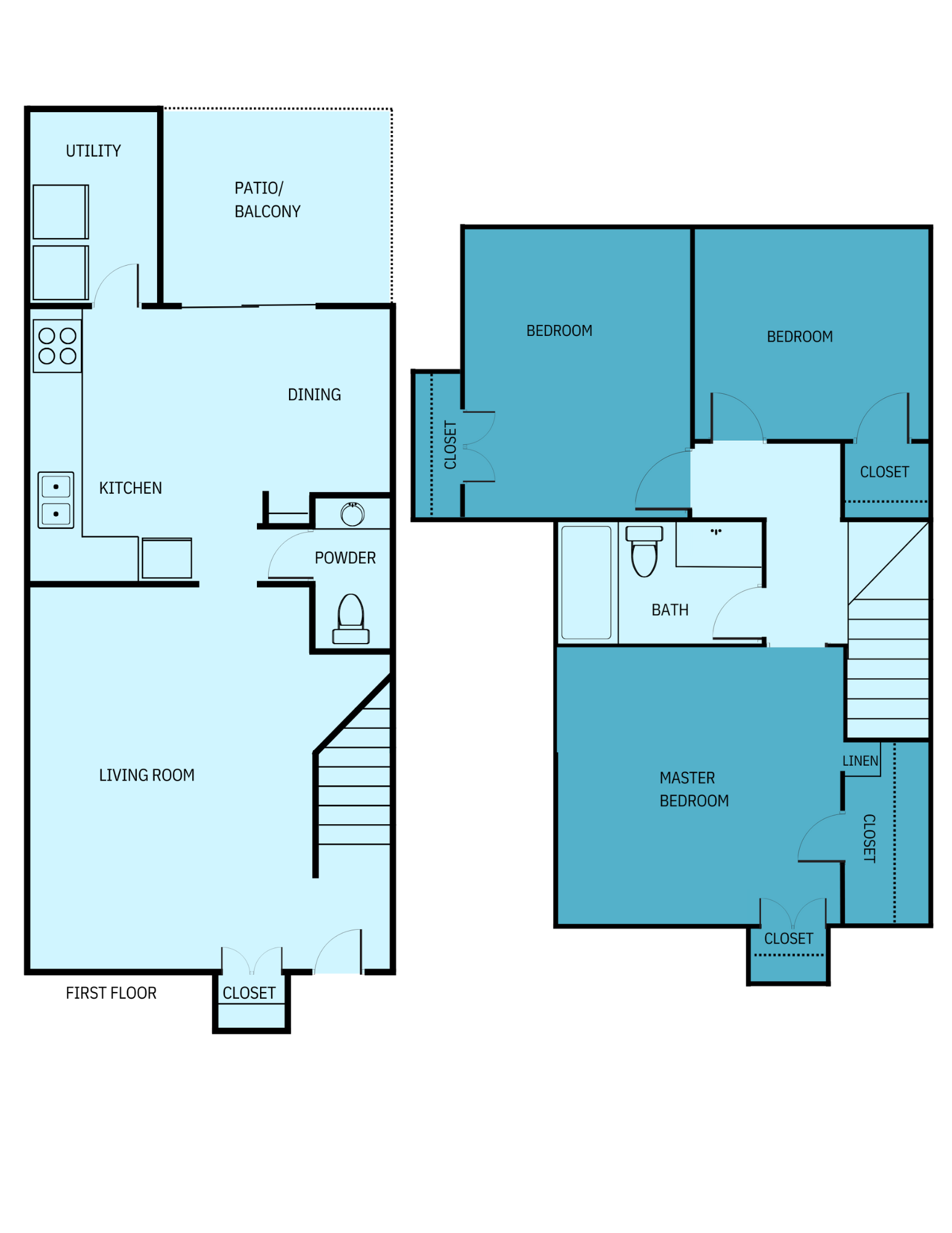 A blue and white floor plan of a house.