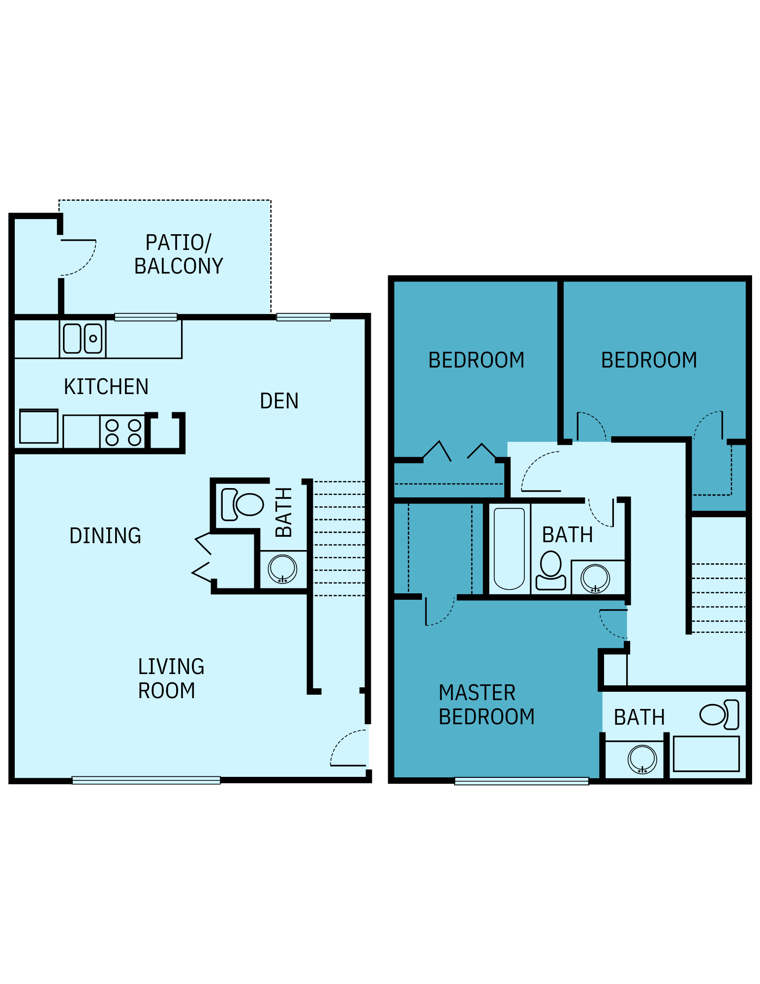 A floor plan of a house with two bedrooms and a balcony.