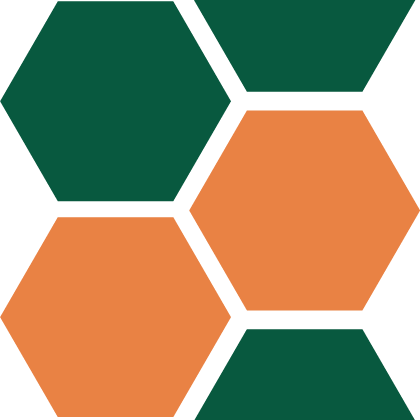 A logo featuring four interlocking hexagons arranged in a vertical pattern, with two orange hexagons and two green ones.
