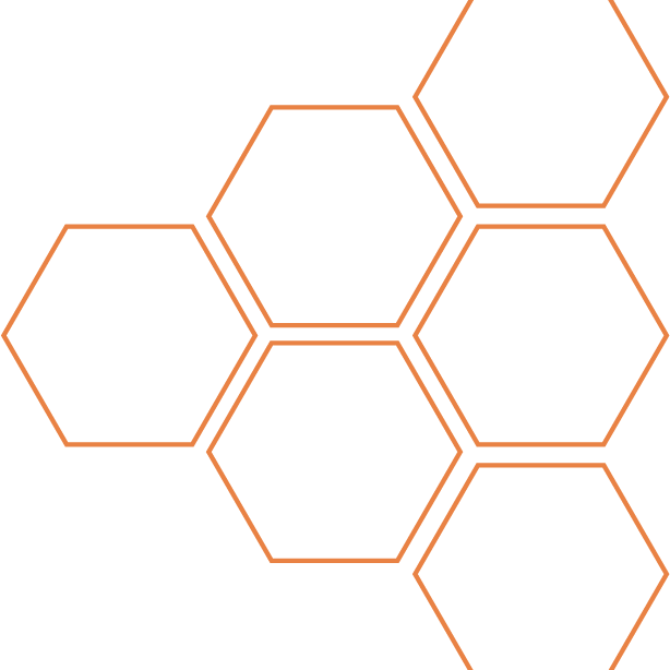 A group of five empty, light brown hexagonal outlines arranged in a honeycomb pattern on a white background.